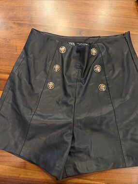 Zara Black High-Waist Faux Leather Shorts with Gold Buttons